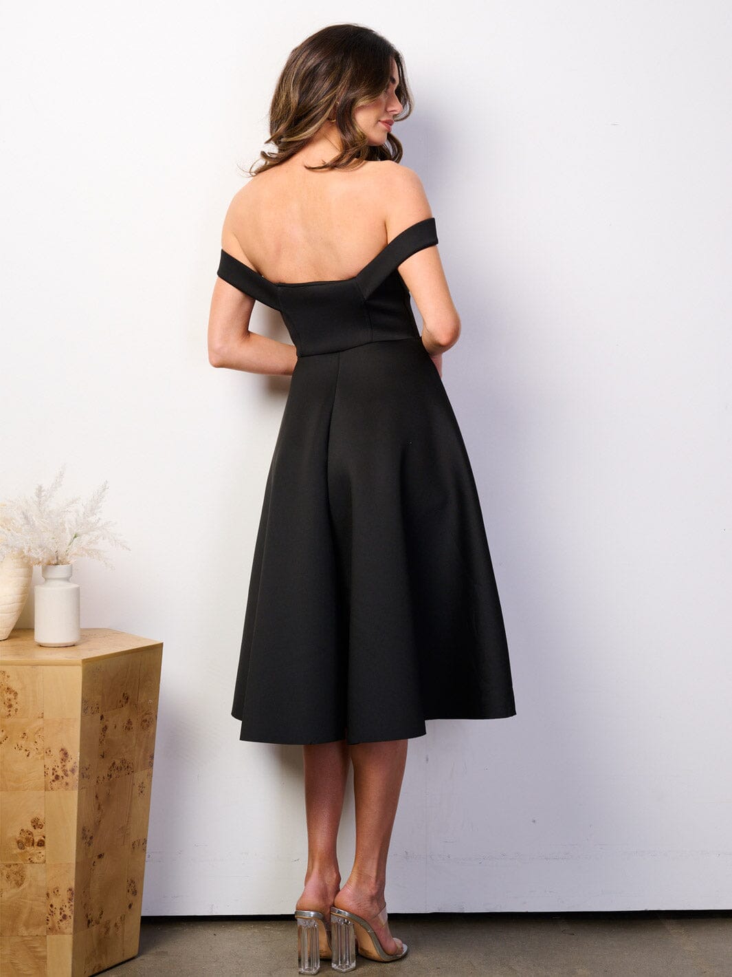 WOMEN'S OFF SHOULDER BUSTIER POCKETS FIT & FLARE BANDAGE MIDI DRESS