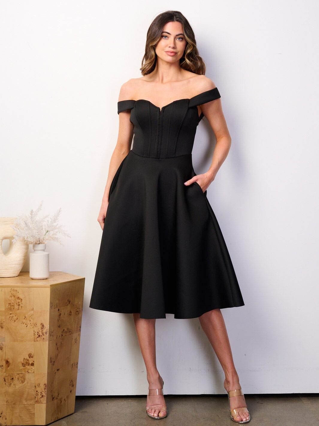 WOMEN'S OFF SHOULDER BUSTIER POCKETS FIT & FLARE BANDAGE MIDI DRESS