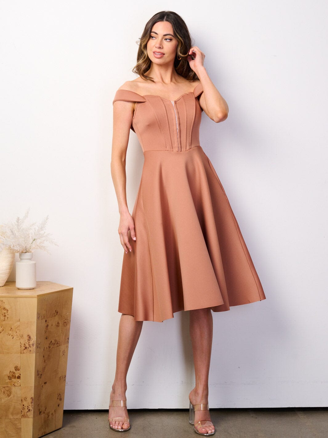 WOMEN'S OFF SHOULDER BUSTIER POCKETS FIT & FLARE BANDAGE MIDI DRESS