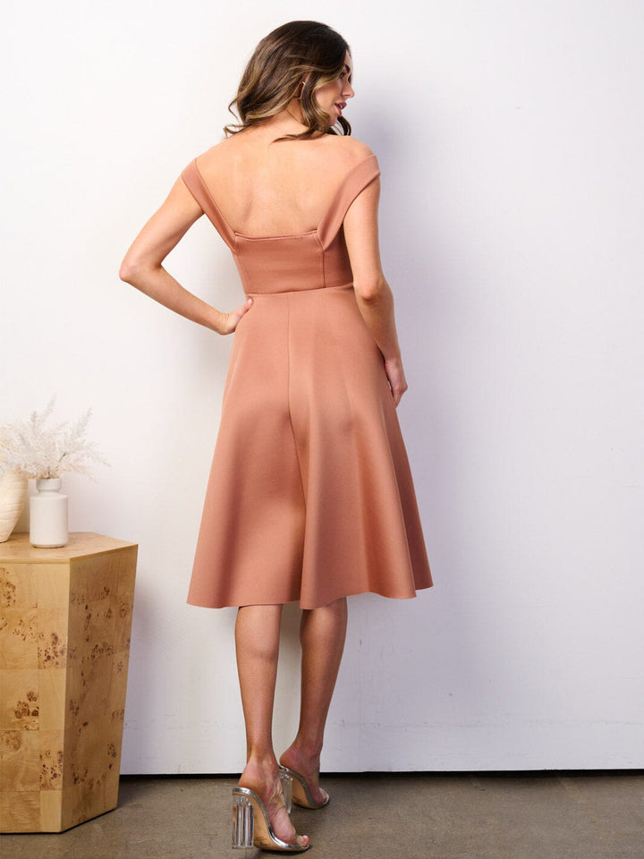 WOMEN'S OFF SHOULDER BUSTIER POCKETS FIT & FLARE BANDAGE MIDI DRESS