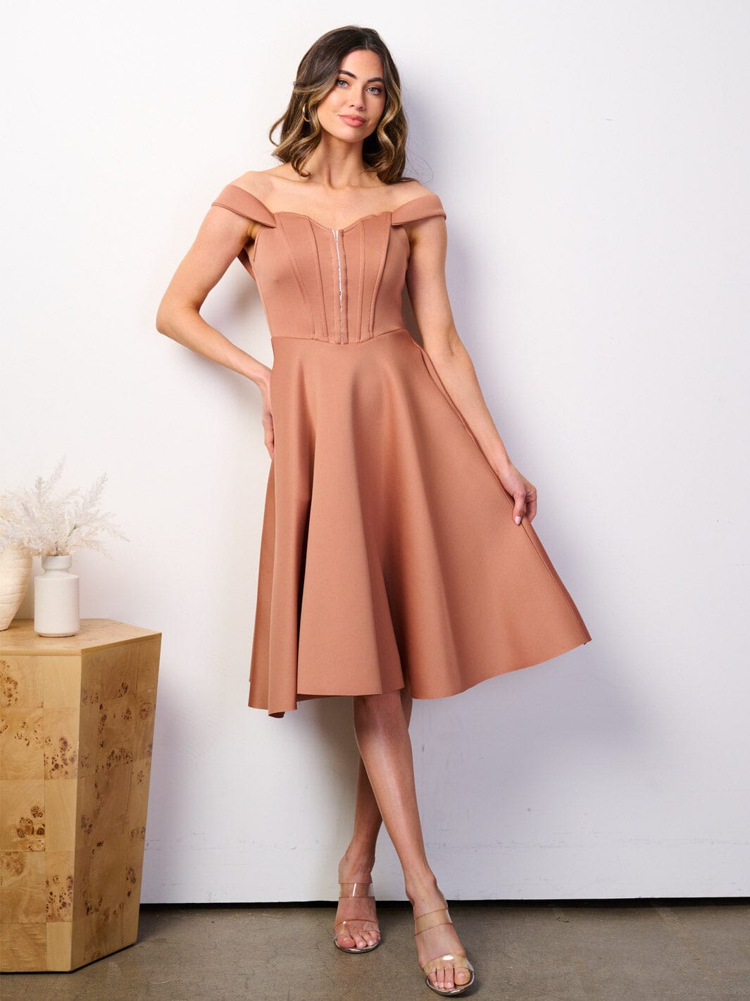 WOMEN'S OFF SHOULDER BUSTIER POCKETS FIT & FLARE BANDAGE MIDI DRESS