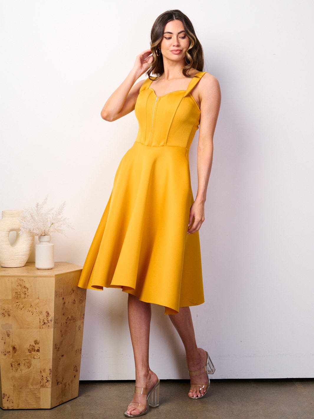 WOMEN'S OFF SHOULDER BUSTIER POCKETS FIT & FLARE BANDAGE MIDI DRESS