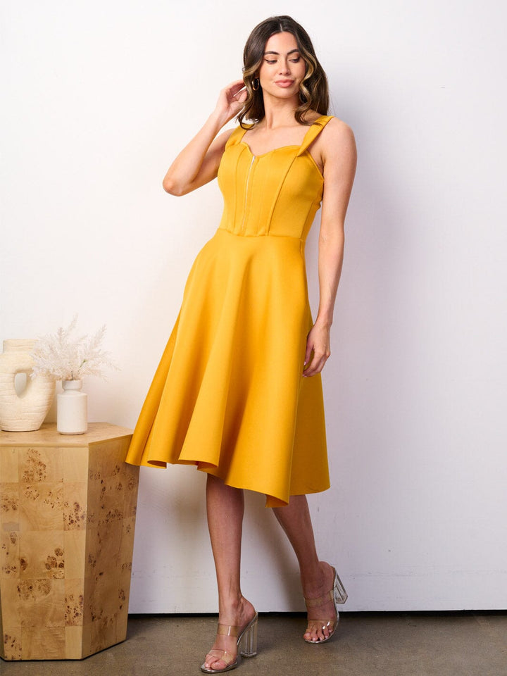 WOMEN'S OFF SHOULDER BUSTIER POCKETS FIT & FLARE BANDAGE MIDI DRESS