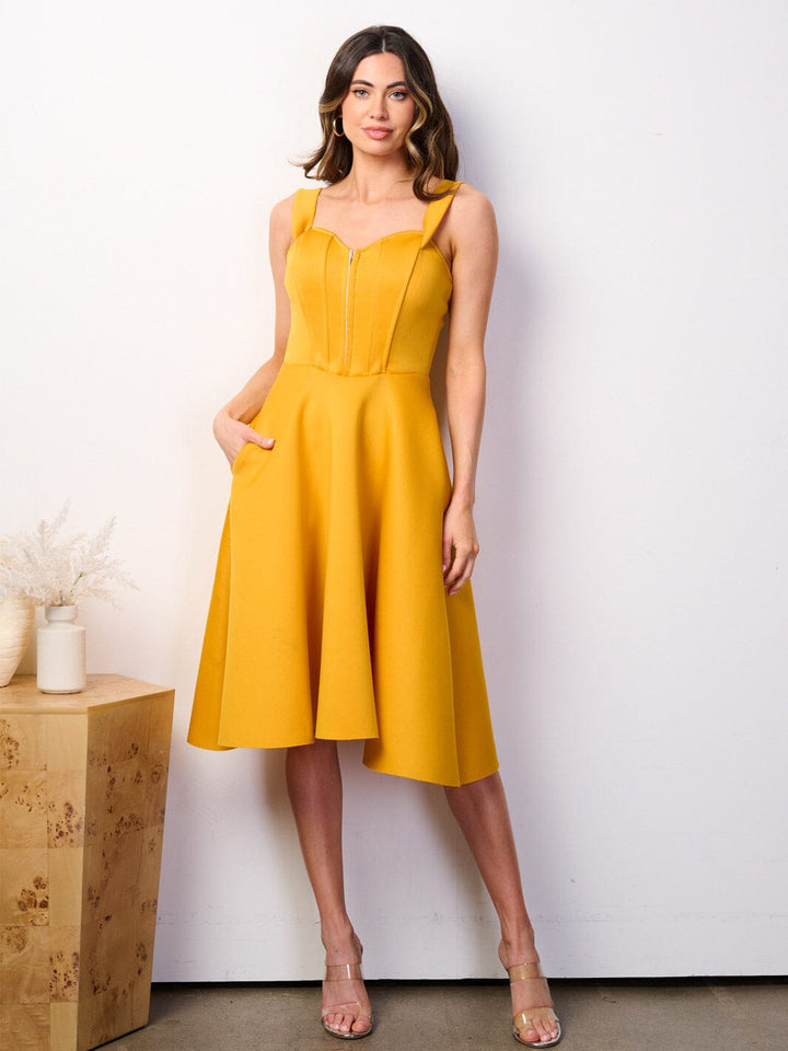 WOMEN'S OFF SHOULDER BUSTIER POCKETS FIT & FLARE BANDAGE MIDI DRESS