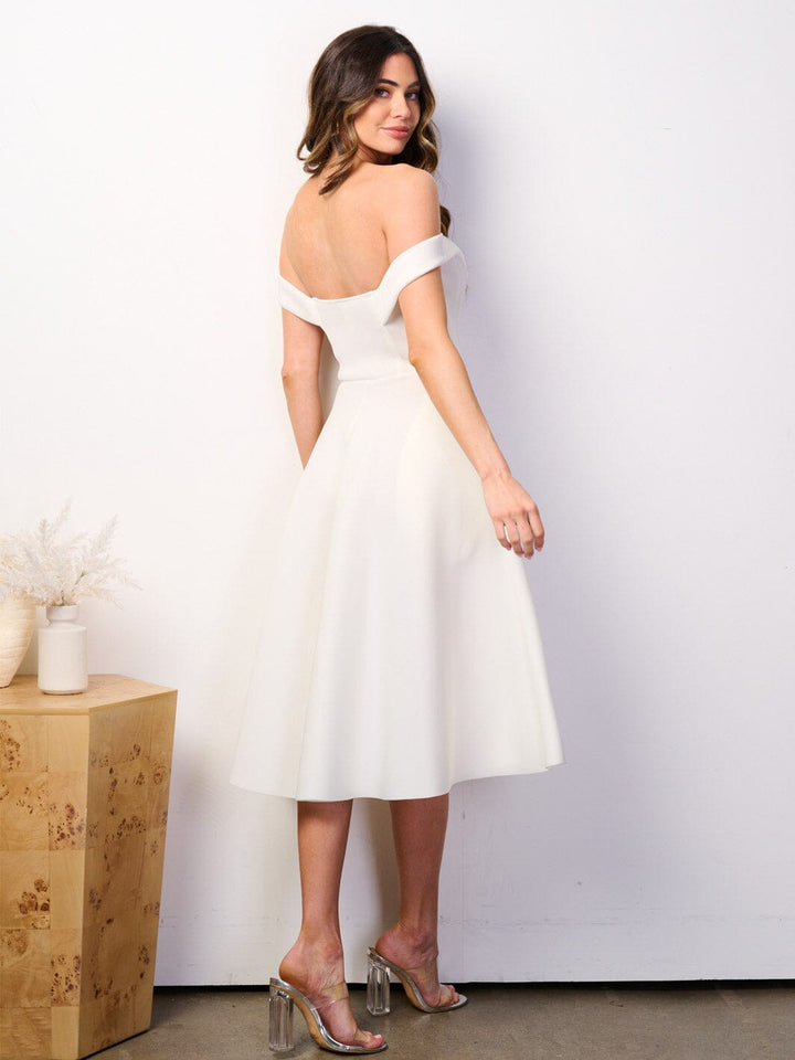 WOMEN'S OFF SHOULDER BUSTIER POCKETS FIT & FLARE BANDAGE MIDI DRESS