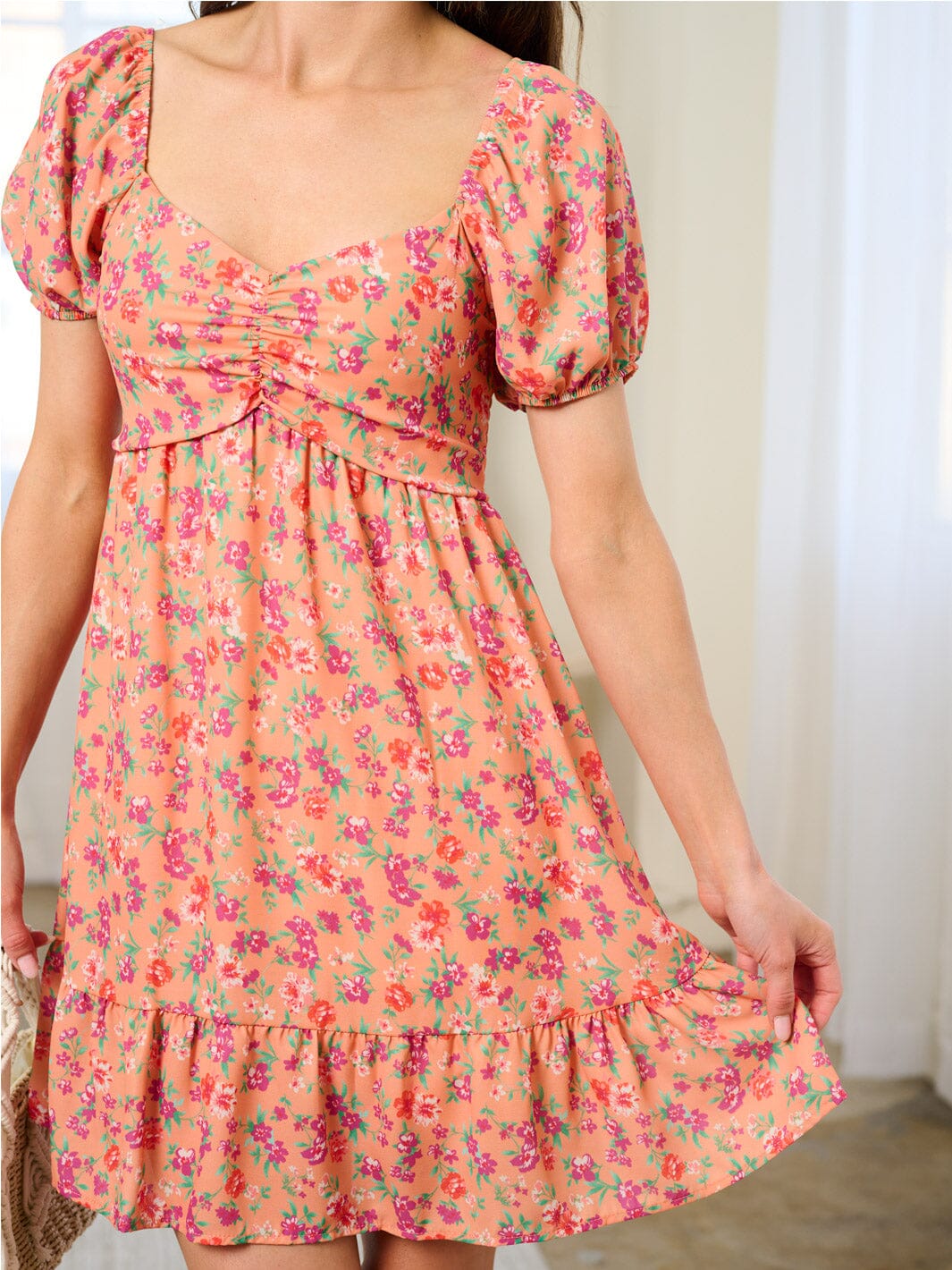 WOMEN'S SHORT SLEEVE SMOCK FLORAL MINI DRESS