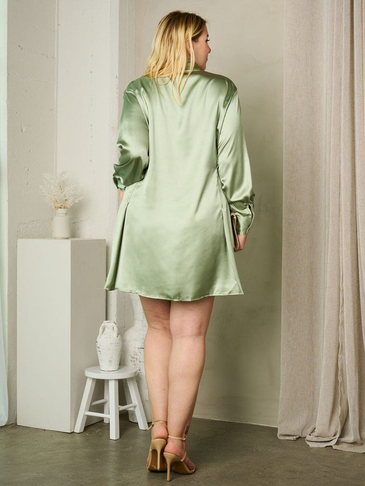 PLUS SIZE LONG SLEEVE BUTTON UP SATIN TUNIC MINI DRESS