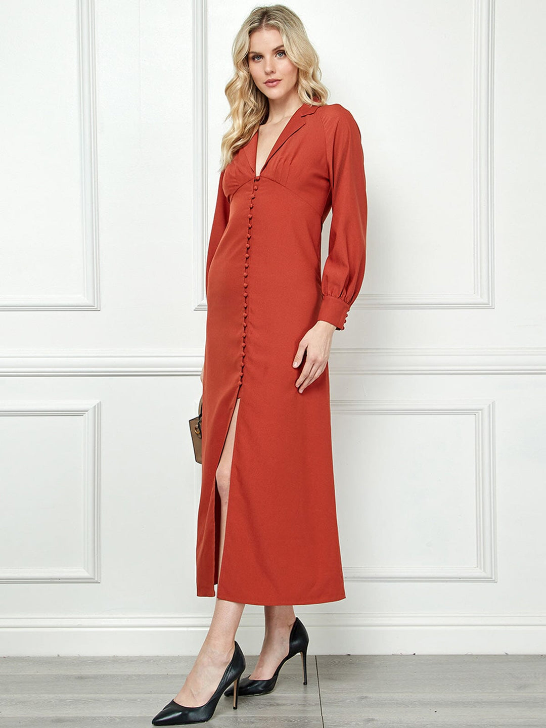 WOMEN'S LONG SLEEVE V-NECK BUTTON UP MAXI DRESS