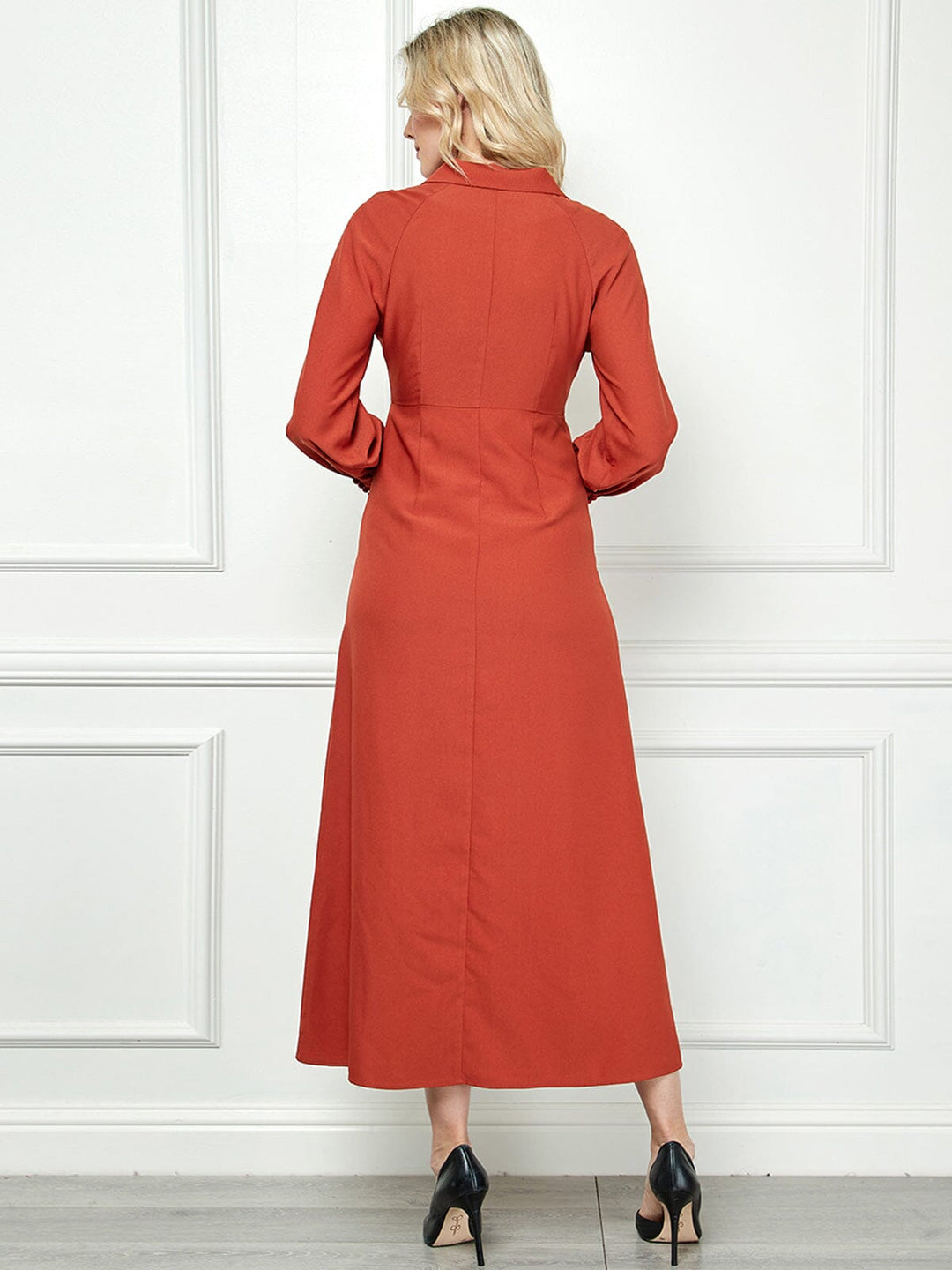 WOMEN'S LONG SLEEVE V-NECK BUTTON UP MAXI DRESS