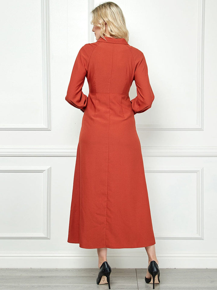 WOMEN'S LONG SLEEVE V-NECK BUTTON UP MAXI DRESS