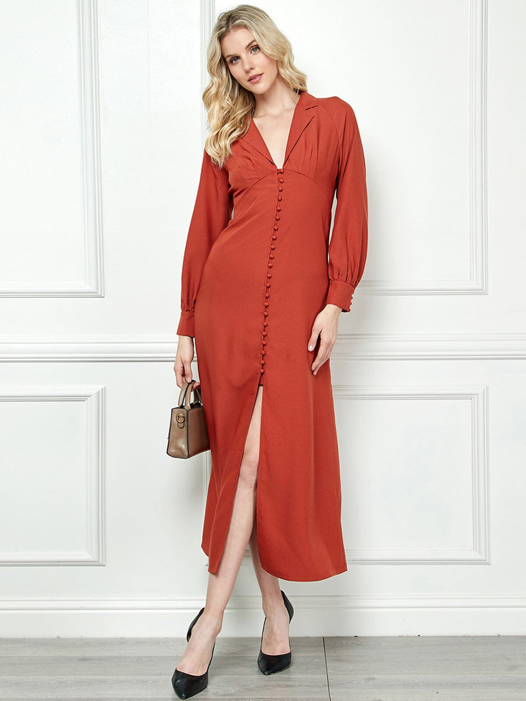 WOMEN'S LONG SLEEVE V-NECK BUTTON UP MAXI DRESS