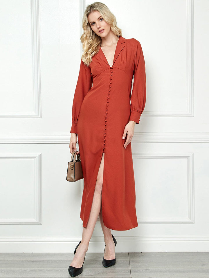 WOMEN'S LONG SLEEVE V-NECK BUTTON UP MAXI DRESS