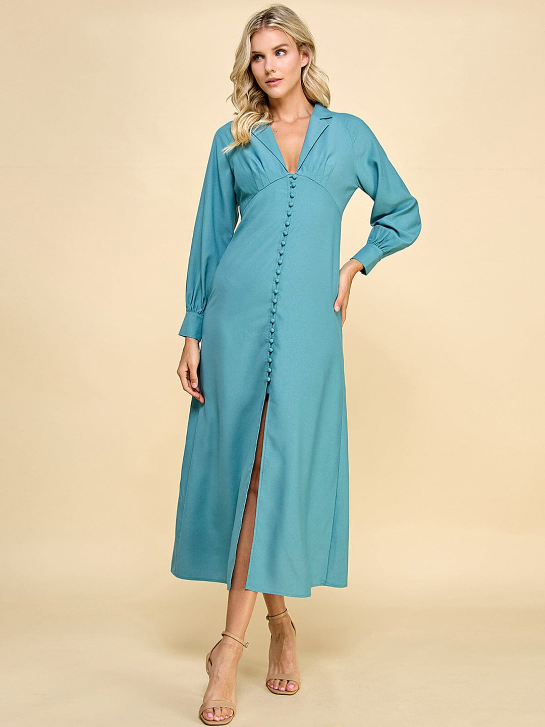 WOMEN'S LONG SLEEVE V-NECK BUTTON UP MAXI DRESS