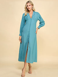 WOMEN'S LONG SLEEVE V-NECK BUTTON UP MAXI DRESS