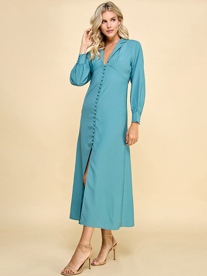 WOMEN'S LONG SLEEVE V-NECK BUTTON UP MAXI DRESS