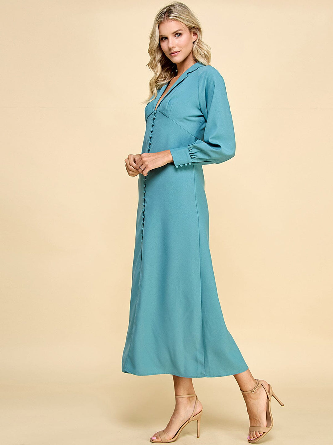 WOMEN'S LONG SLEEVE V-NECK BUTTON UP MAXI DRESS