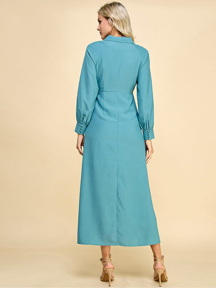 WOMEN'S LONG SLEEVE V-NECK BUTTON UP MAXI DRESS