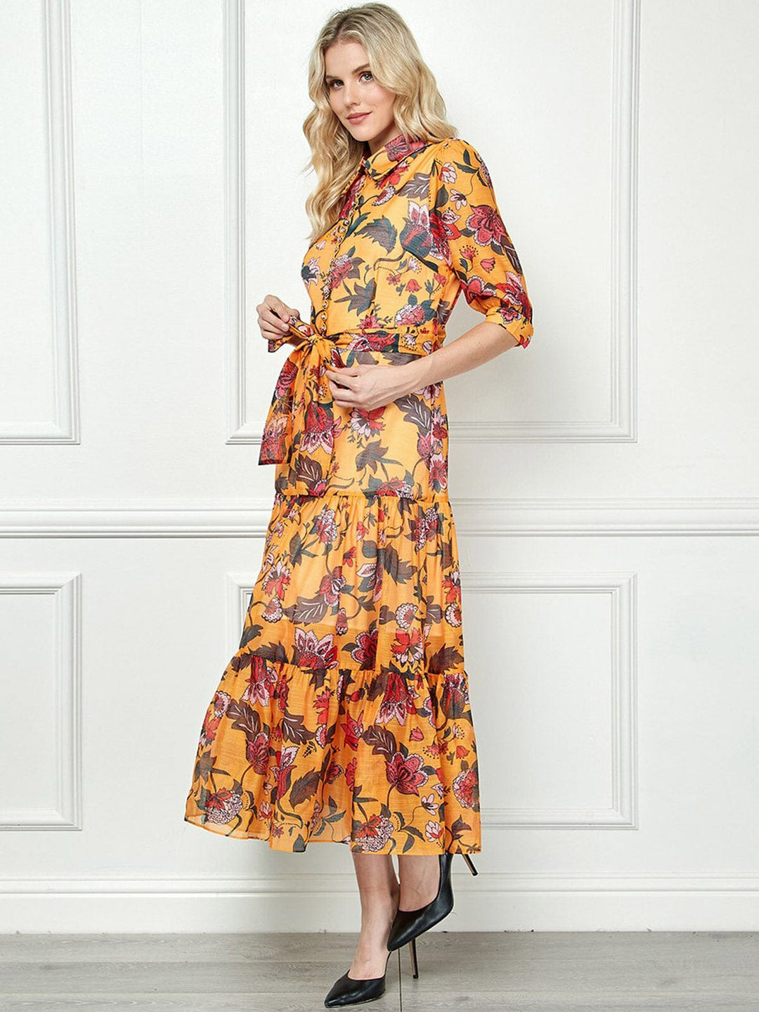 WOMEN'S SHORT SLEEVE BUTTON UP FLORAL TIERED MAXI DRESS