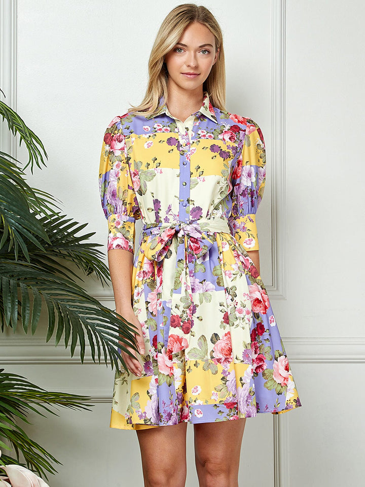 WOMEN'S 3/4 SLEEVE BUTTON UP SELF TIE FLORAL MINI DRESS