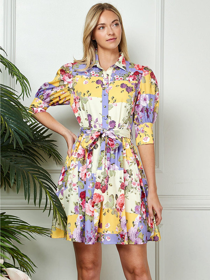WOMEN'S 3/4 SLEEVE BUTTON UP SELF TIE FLORAL MINI DRESS
