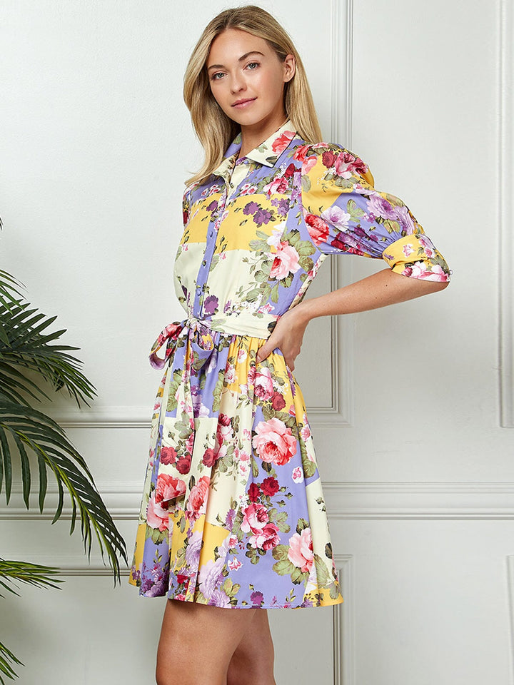 WOMEN'S 3/4 SLEEVE BUTTON UP SELF TIE FLORAL MINI DRESS