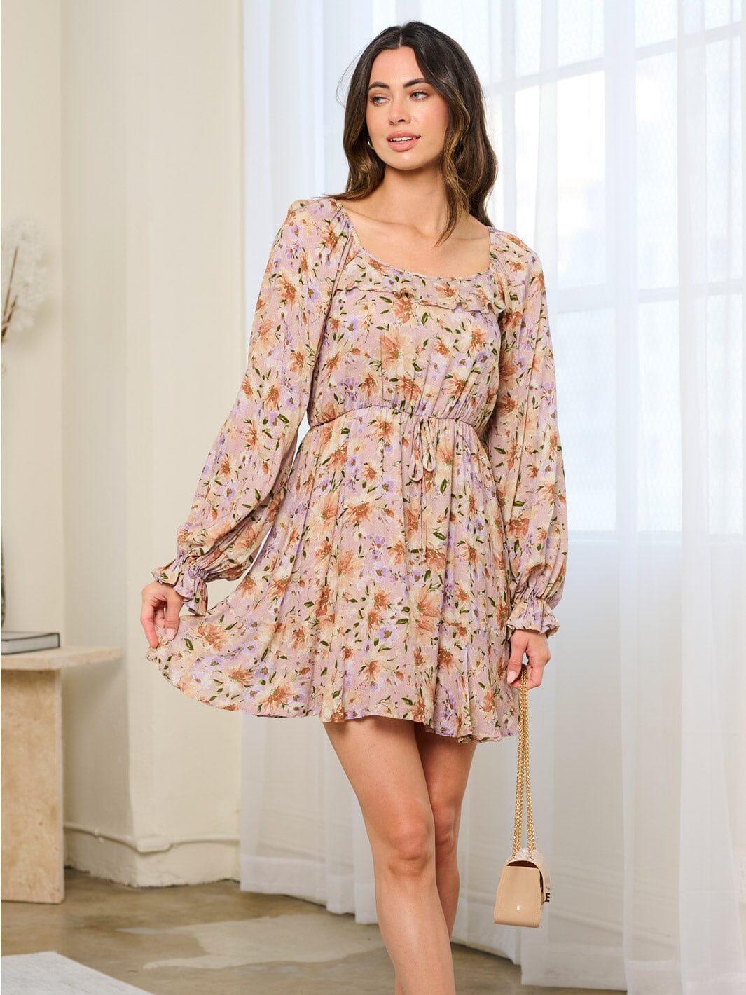 WOMEN'S LONG SLEEVE ELASTIC WAIST FIT & FLARE FLORAL MINI DRESS
