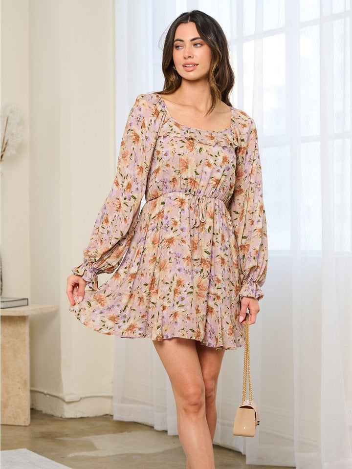 WOMEN'S LONG SLEEVE ELASTIC WAIST FIT & FLARE FLORAL MINI DRESS