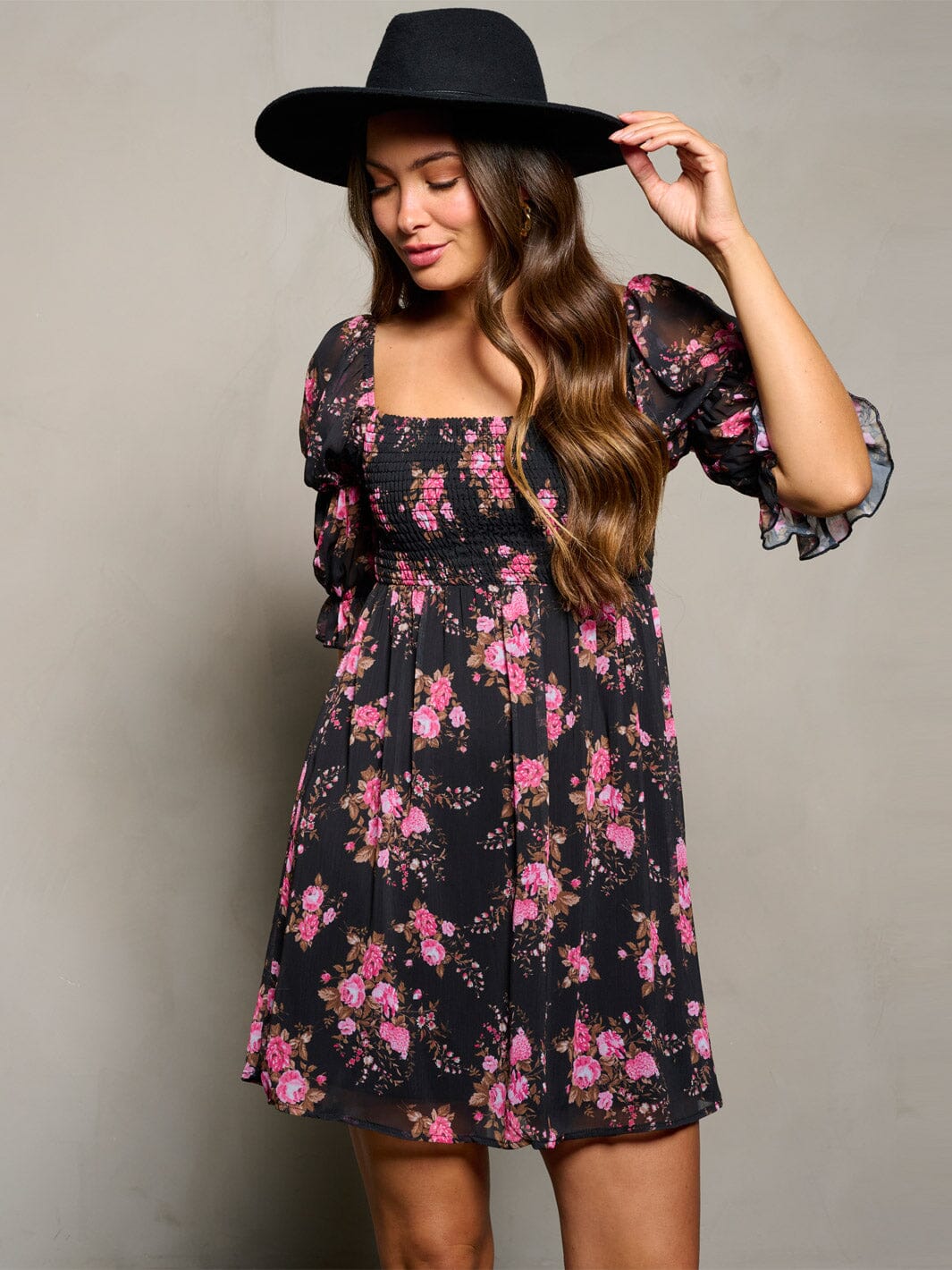 WOMEN'S 3/4 SLEEVE SQUARE NECK SMOCK FLORAL MINI DRESS