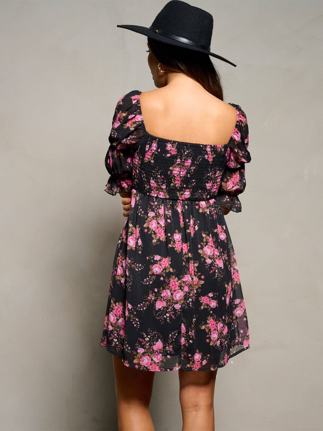 WOMEN'S 3/4 SLEEVE SQUARE NECK SMOCK FLORAL MINI DRESS