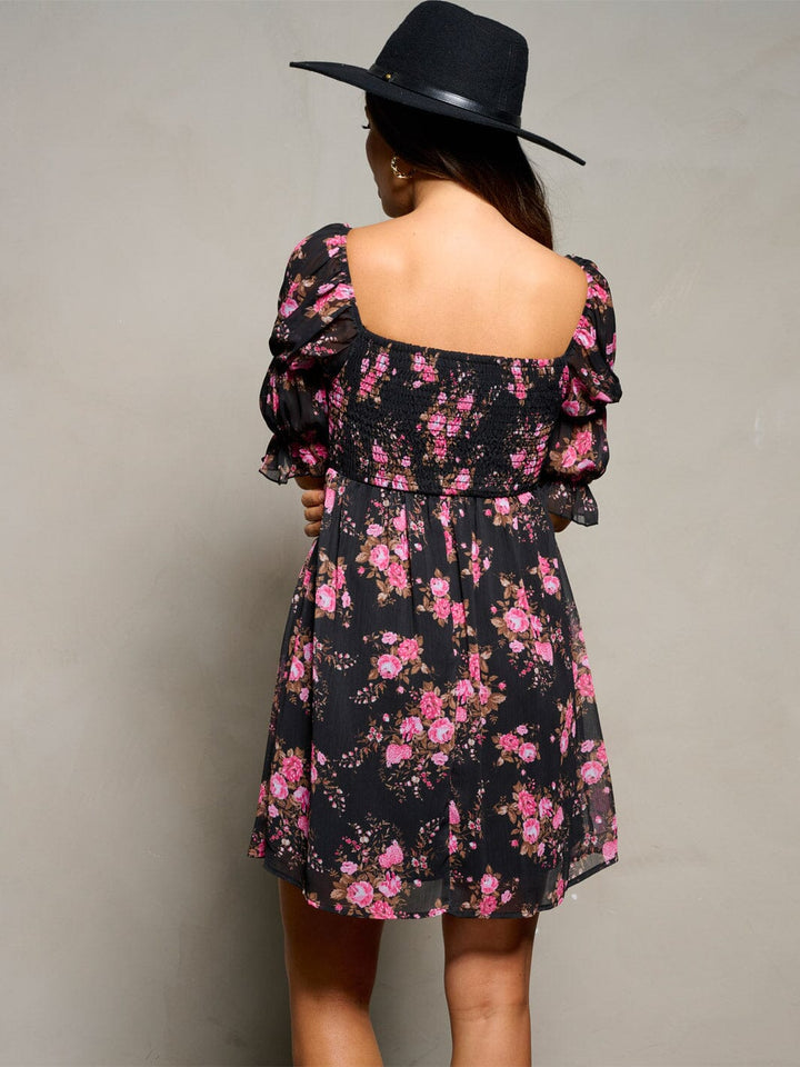 WOMEN'S 3/4 SLEEVE SQUARE NECK SMOCK FLORAL MINI DRESS