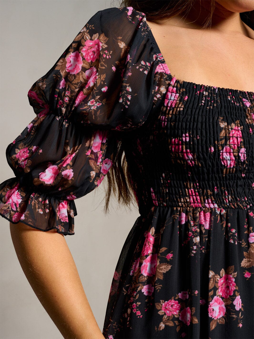 WOMEN'S 3/4 SLEEVE SQUARE NECK SMOCK FLORAL MINI DRESS