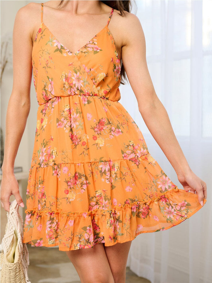 WOMEN'S SLEEVELESS ELASTIC WAIST SURPLICE FLORAL MINI DRESS
