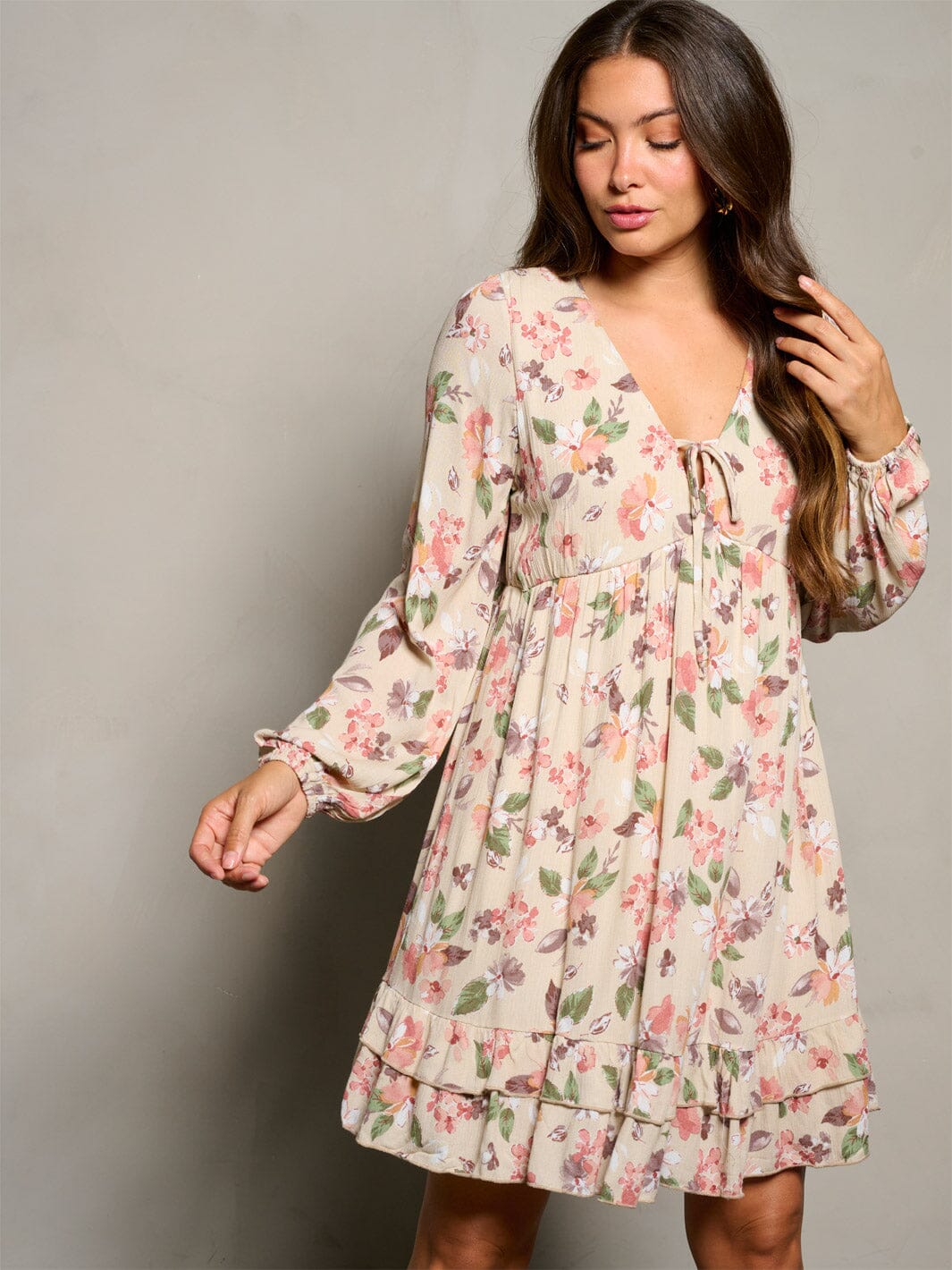 WOMEN'S LONG SLEEVE V-NECK TUNIC FLORAL MINI DRESS
