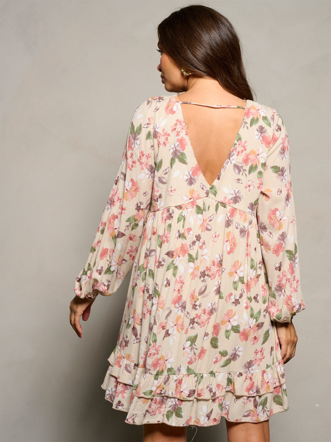 WOMEN'S LONG SLEEVE V-NECK TUNIC FLORAL MINI DRESS