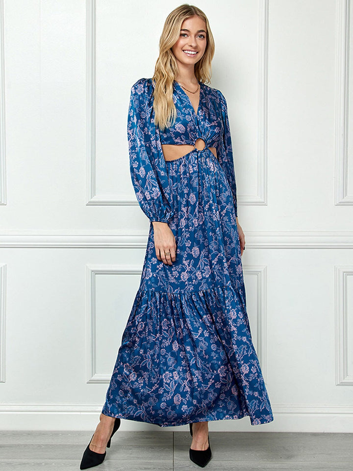 WOMEN'S LONG SLEEVE V-NECK CUT OUT FLORAL MAXI DRESS