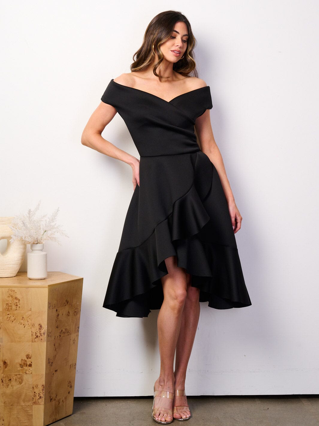 WOMEN'S OFF SHOULDER POCKETS FIT & FLARE BANDAGE HIGH-LOW MIDI DRESS