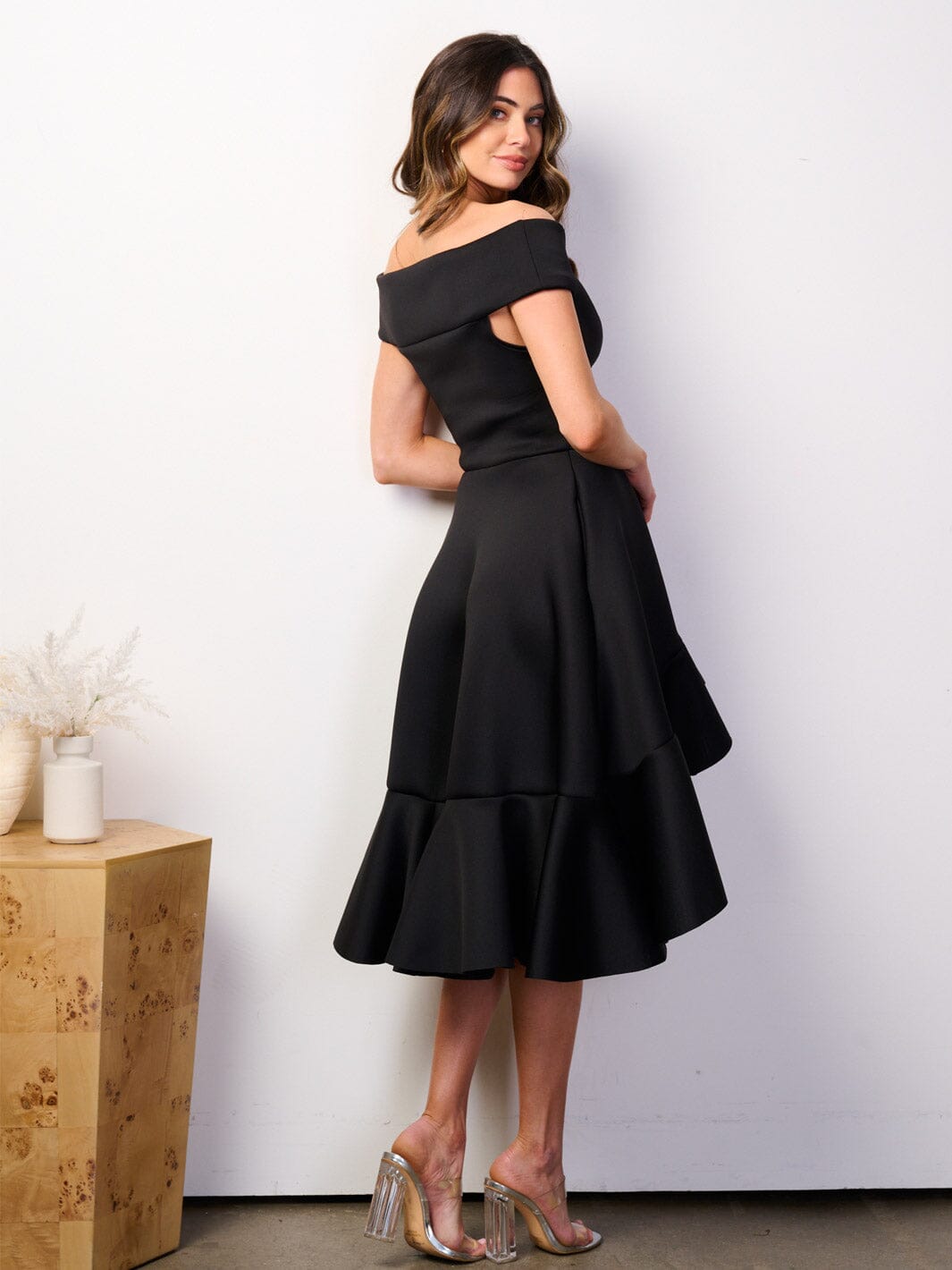 WOMEN'S OFF SHOULDER POCKETS FIT & FLARE BANDAGE HIGH-LOW MIDI DRESS