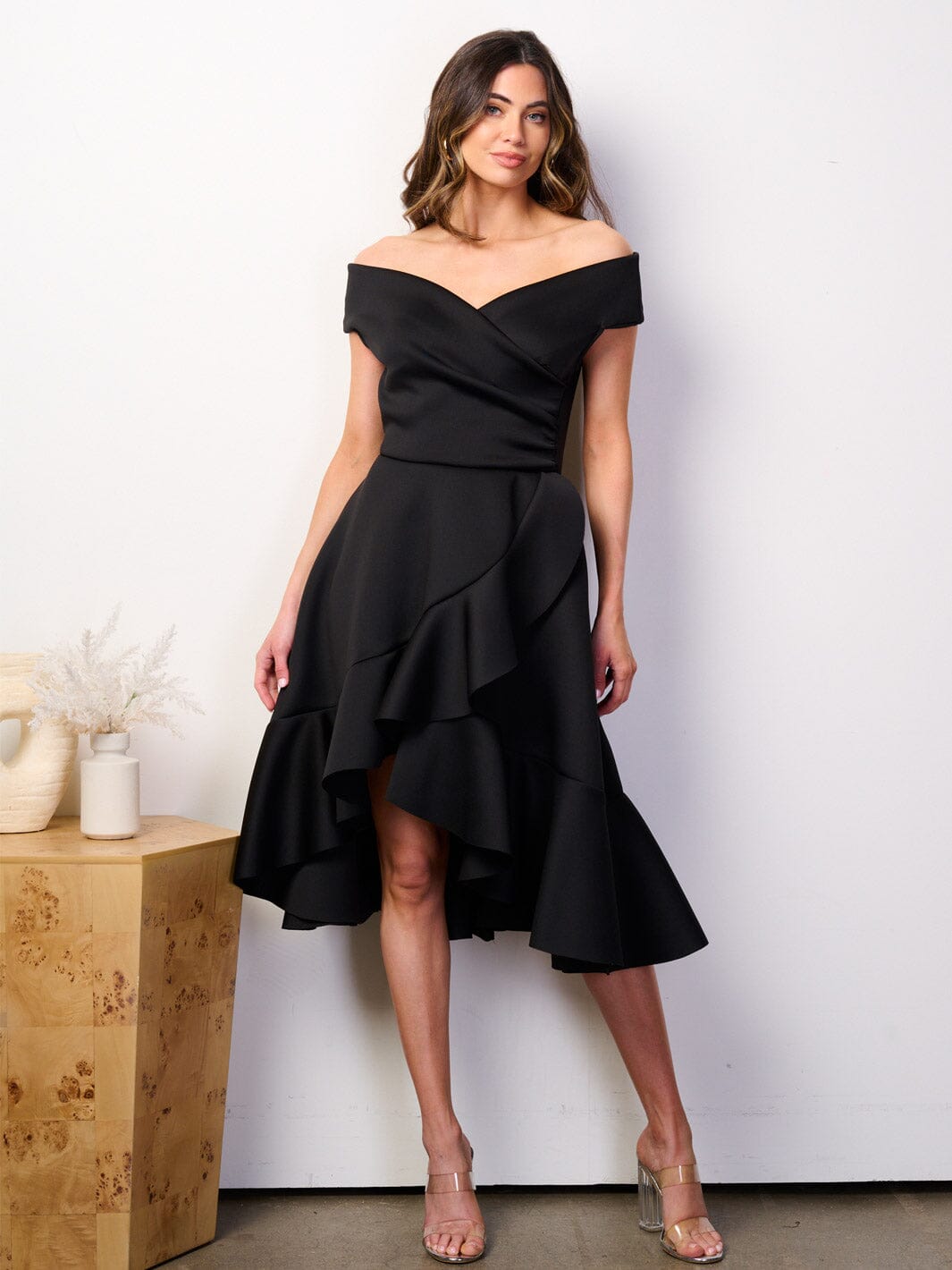 WOMEN'S OFF SHOULDER POCKETS FIT & FLARE BANDAGE HIGH-LOW MIDI DRESS