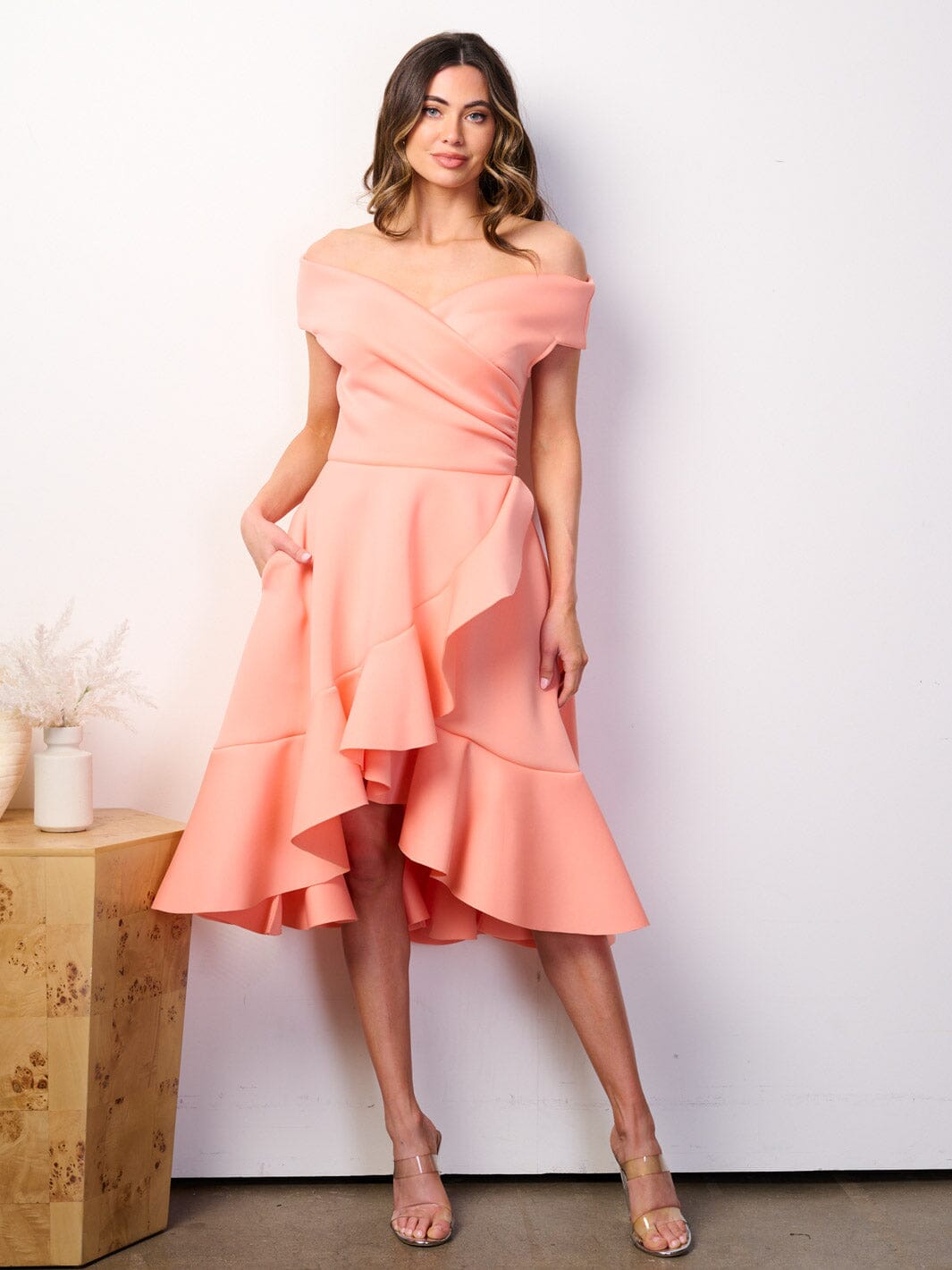 WOMEN'S OFF SHOULDER POCKETS FIT & FLARE BANDAGE HIGH-LOW MIDI DRESS
