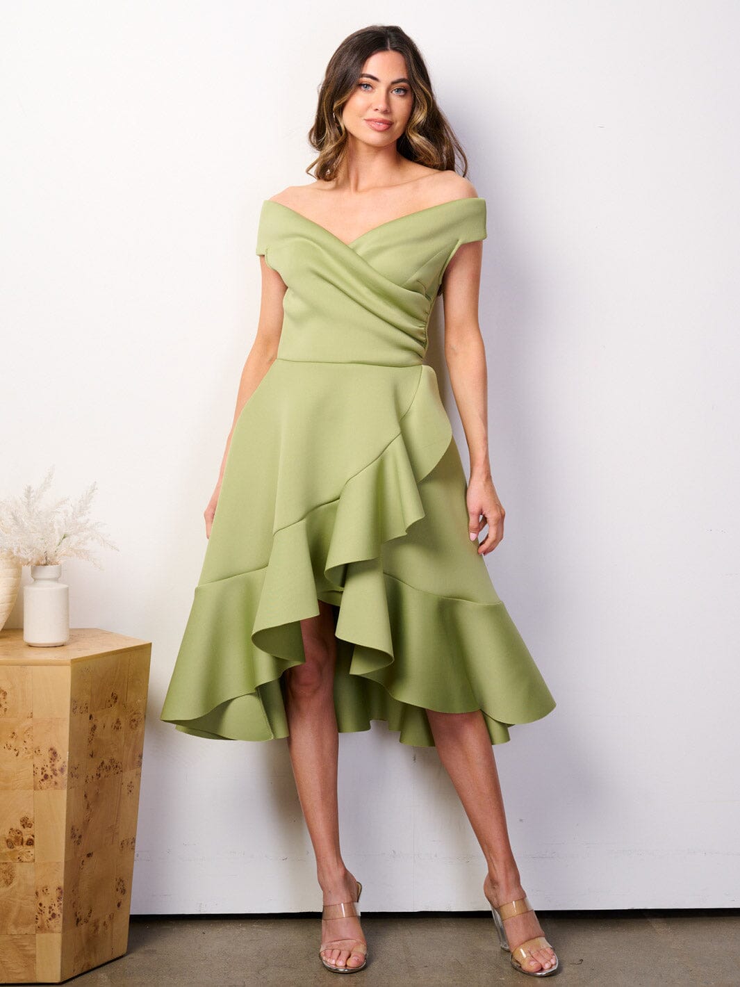 WOMEN'S OFF SHOULDER POCKETS FIT & FLARE BANDAGE HIGH-LOW MIDI DRESS