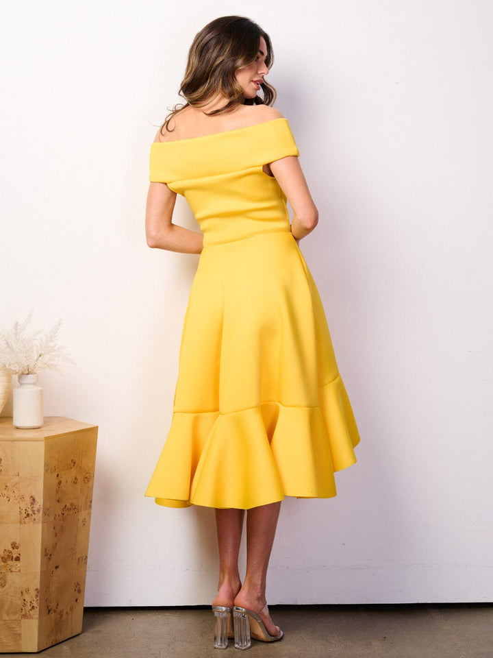 WOMEN'S OFF SHOULDER POCKETS FIT & FLARE BANDAGE HIGH-LOW MIDI DRESS