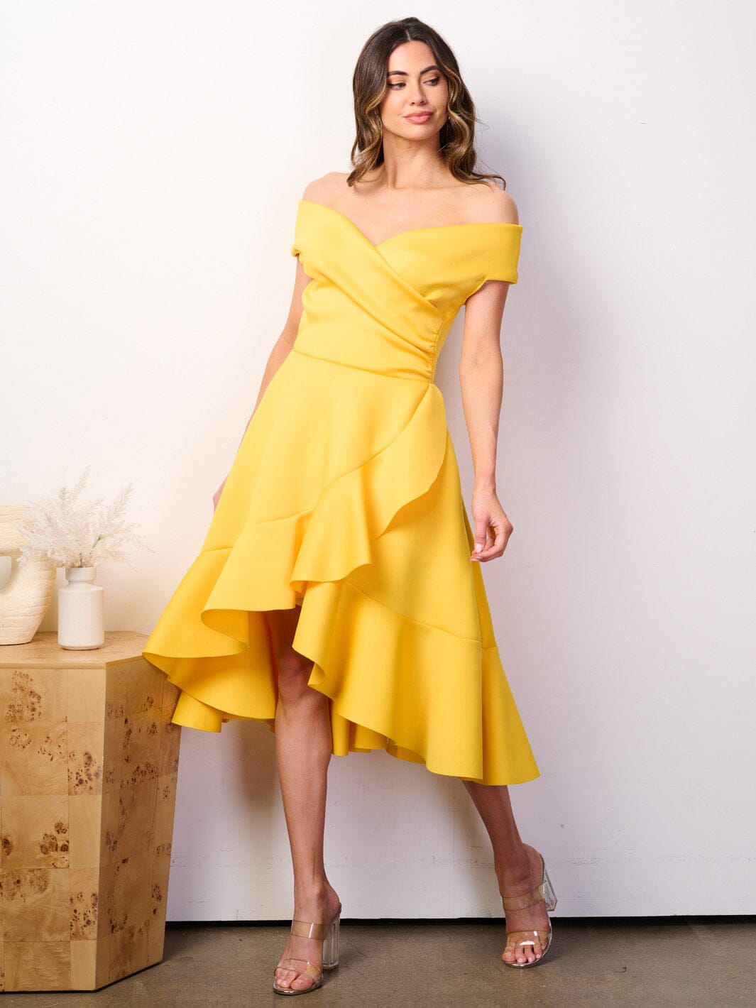 WOMEN'S OFF SHOULDER POCKETS FIT & FLARE BANDAGE HIGH-LOW MIDI DRESS