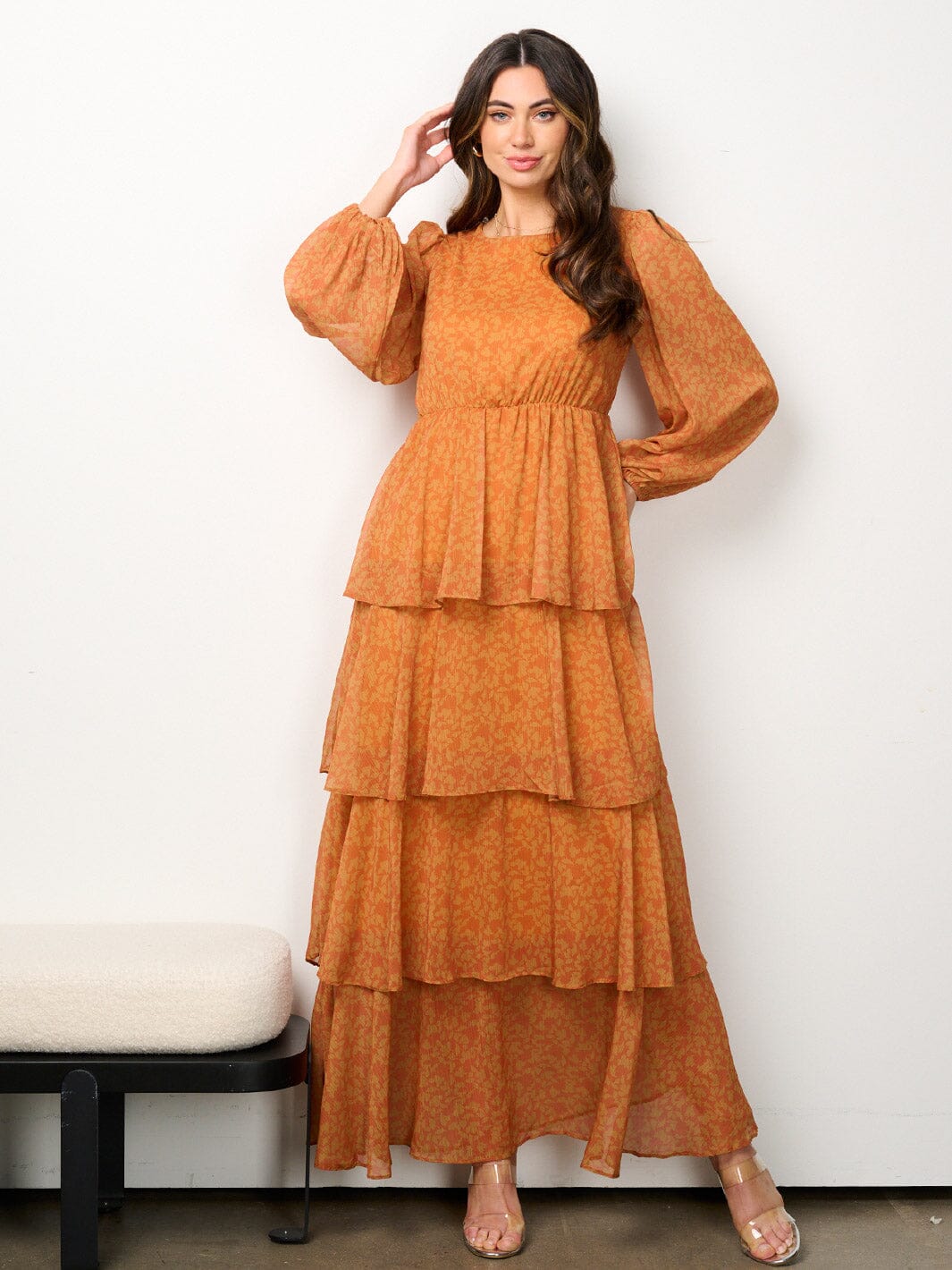 WOMEN'S LONG SLEEVE ELASTIC WAIST TIERED FLORAL MAXI DRESS