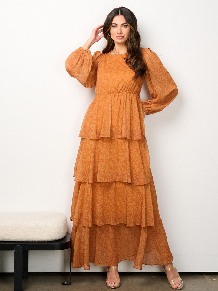 WOMEN'S LONG SLEEVE ELASTIC WAIST TIERED FLORAL MAXI DRESS