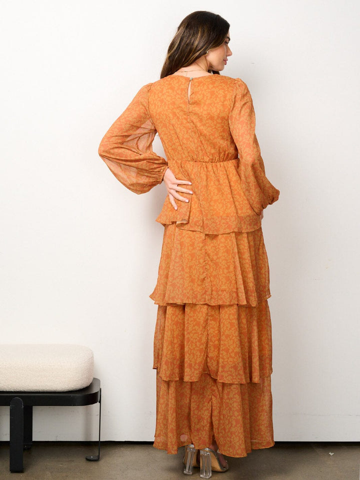 WOMEN'S LONG SLEEVE ELASTIC WAIST TIERED FLORAL MAXI DRESS