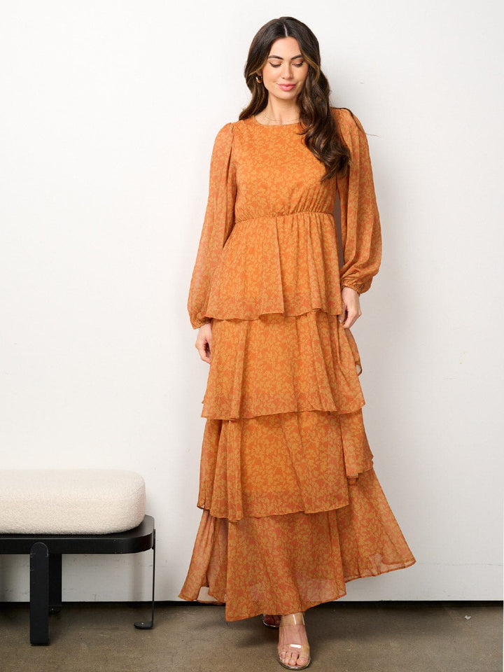 WOMEN'S LONG SLEEVE ELASTIC WAIST TIERED FLORAL MAXI DRESS