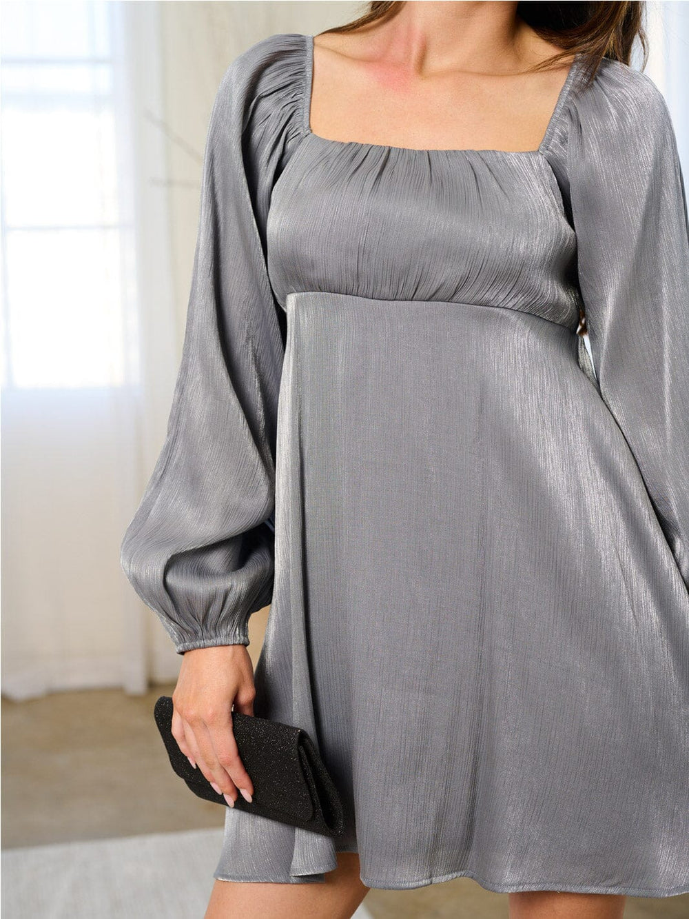 WOMEN'S LONG SLEEVE METALLIC ELASTIC WAIST MINI DRESS