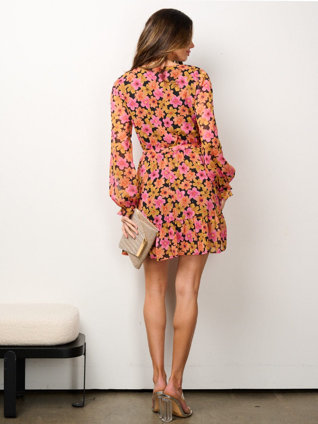 WOMEN'S LONG SLEEVE SURPLICE FLORAL MINI DRESS