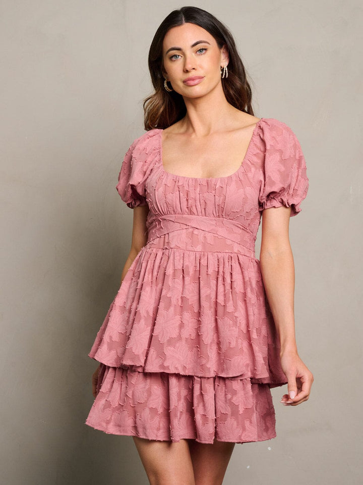 WOMEN'S SHORT PUFF SLEEVE SQUARE NECK FLORAL DETAILED MINI DRESS