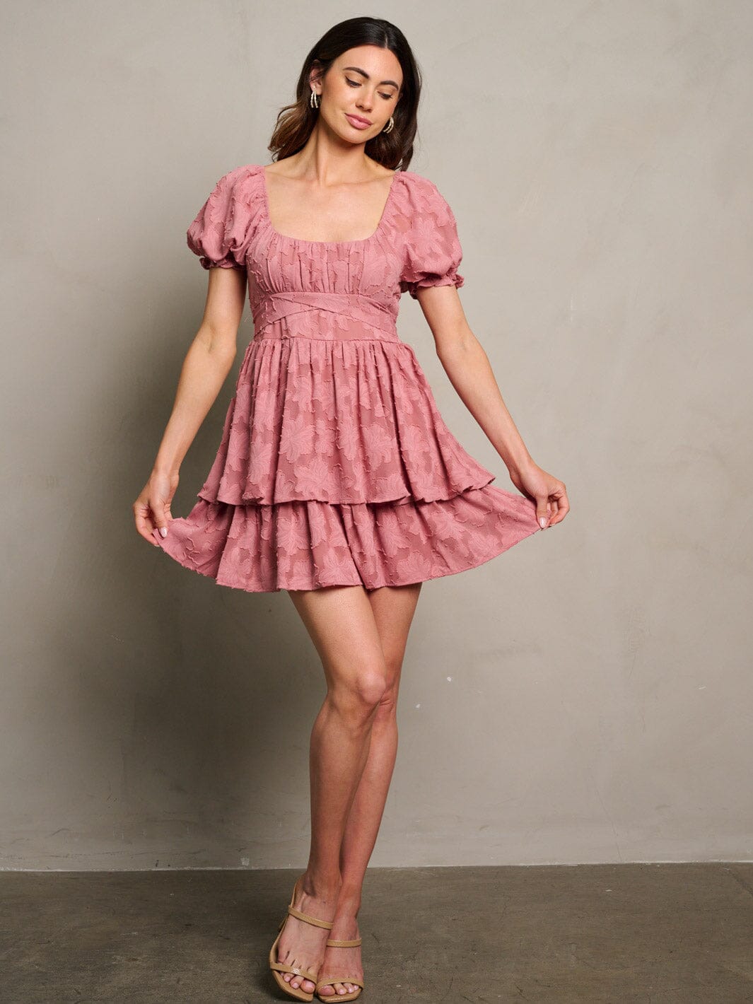 WOMEN'S SHORT PUFF SLEEVE SQUARE NECK FLORAL DETAILED MINI DRESS